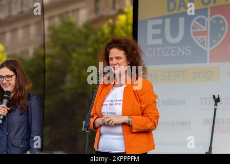 Barbara Hoefling speaking at a EU Citizens rally in Trafalgar Square, London, UK. Singer and conductor Stock Photo