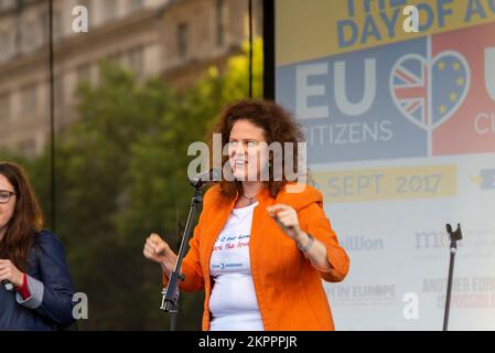 Barbara Hoefling speaking at a EU Citizens rally in Trafalgar Square, London, UK. Singer and conductor Stock Photo