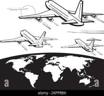 Passenger aircrafts flying around the world - vector illustration Stock Vector