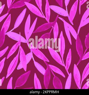 Seamless pattern with bright abstract magenta leaves in watercolor style for greeting cards and fabric Stock Vector