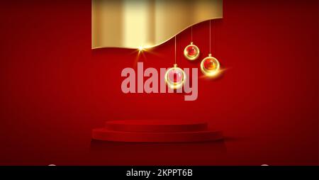 3D Christmas podium, New Year party, gold baubles with product display cylindrical shape, golden festive decoration for the holidays. Luxury template, Stock Vector