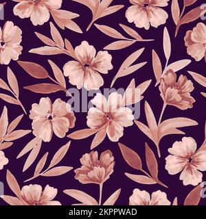 Seamless pattern with brown flowers and leaves in watercolor style for wedding invitations, greeting cards and fabric Stock Vector