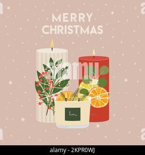 Merry Christmas greeting card with scented soy, paraffin wax candles with dried oranges, winter greenery. New Year, Merry Christmas posters, invitatio Stock Vector