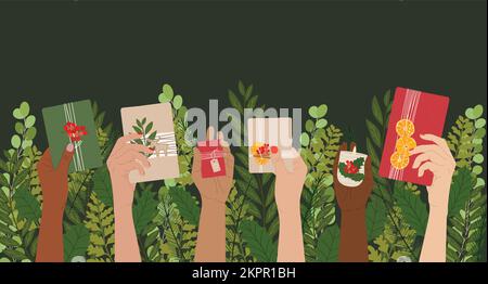 Different female hands hold Christmas gift boxes on winter greenery background. Merry Christmas banner, posters, invitation. Zero waste eco gifts. Han Stock Vector