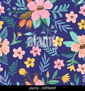 Seamless pattern with colorful doodle floral compositions and elements in watercolor style for decor, greeting cards. Stock Vector