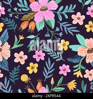 Seamless pattern with colorful doodle floral compositions and elements in watercolor style for decor, greeting cards. Stock Vector