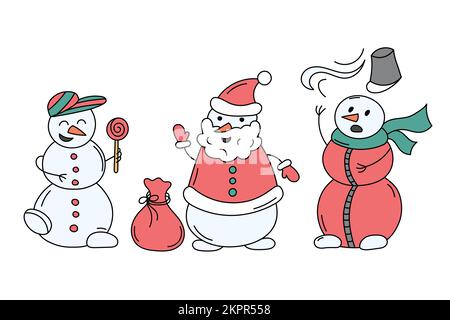 Funny snowmen set. Vector doodle colorful collection of isolated cute snowman characters. Doodle illustration for kids. Stock Vector