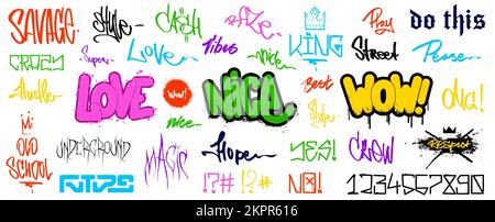 Street art graphic set with tags and 3D graffiti with spray effect Stock Vector