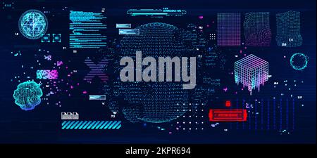 Internet connection in dot and pixel illustration with code elements and HUD interface Stock Vector