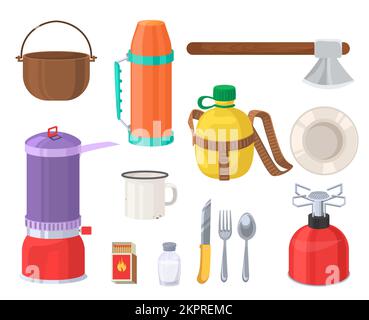 Camping kitchenware and travel supplies vector set Stock Vector