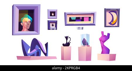 Set of modern art expositions for museum. Gallery exhibits, abstract paintings, sculptures and statue. Contemporary artworks isolated on white background, Vector cartoon illustration, icons, clipart Stock Vector