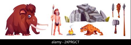 Cave man, prehistoric primitive person in stone age cartoon icons set. Bearded caveman wear pelt holding spear weapon and ancient animals mammoth and saber-toothed tiger isolated vector illustration Stock Vector