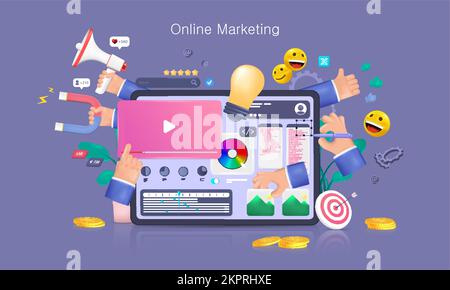 Online marketing, SEO concept. 3D Realistic cartoon illustration Stock Vector