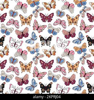 Butterflies boho pattern. Seamless white background with colorful doodle flying insects. Retro print. Vector repeat illustration for designs, textile, Stock Vector