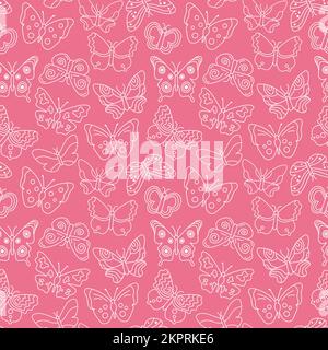 Cute butterfly pattern. Seamless background with white doodle flying insects. Monochrome print. Vector repeat illustration for designs, textile, fabri Stock Vector