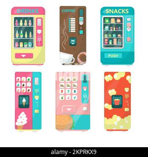 Automatic vending machine set with food and beverages vector flat isolated illustration. Cold soft drinks, snacks, fast food, ice cream, coffee, popco Stock Vector