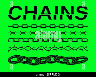 Set of seamless chains patterns. 3D trendy art chains for merch Stock Vector
