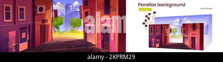 Summer city landscape with alleyway, road, park and skyscrapers on horizon. Cityscape with empty back street lane, vector cartoon parallax background ready for 2d animation Stock Vector