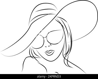 abstract linear portrait of a woman in glasses and a wide-brimmed hat, monochrome graphics, art Stock Photo