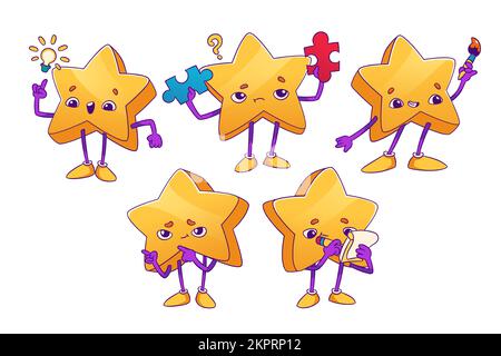 Cute star character, funny emoticon icons. Childish set with yellow star with jigsaw pieces, light bulb, brush, paper notes and pointing gesture, vector illustration in contemporary style Stock Vector