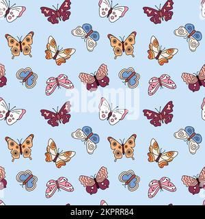 Butterflies boho pattern. Seamless background with doodle flying insects. Colorful print. Vector repeat illustration for designs, textile, fabric, wra Stock Vector