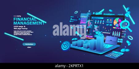 Blue 3D banner - Financial management Via laptop app Stock Vector