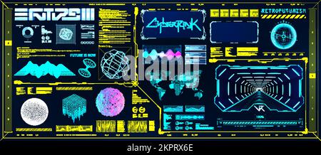 Retro wave cyberpunk with HUD interface elements and 3D shapes Stock Vector