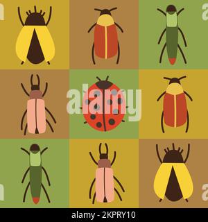 Checkered seamless pattern with bright colourful beetles. Stock Vector