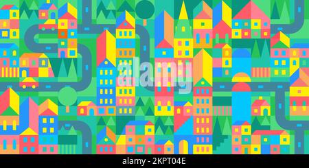 Cartoon Trendy Seamless Abstract Urban Vector Bauhaus Swiss Geometric City Pattern Design Background Template Stock Vector