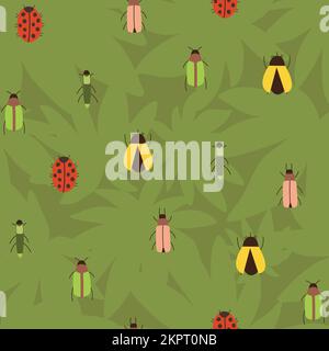 Bright colourful beetles on green leaves, seamless pattern. Stock Vector