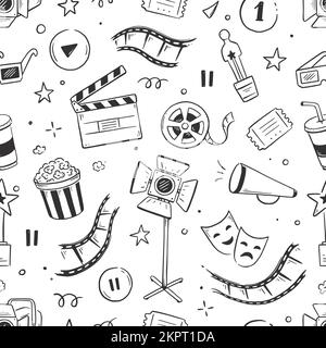 Movie, cinema vector pattern. Doodle hand drawn sketch style movie seamless pattern. Cinema elements for media production, festival, theater background. Vector illustration. Stock Vector