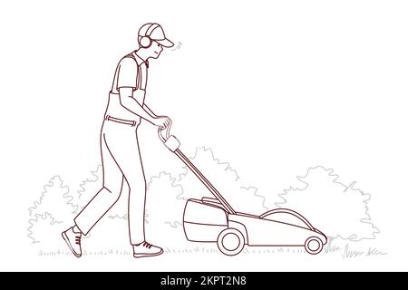 Man in uniform cut grass with electric lawn mower. Employee or worker push grass trimmer machine outdoors. Vector illustration.  Stock Vector