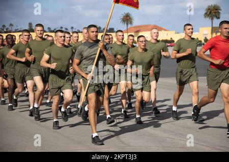 New U.S. Marines with Delta Company, 1st Recruit Training Battalion, run in formation during a motivational run at Marine Corps Recruit Depot (MCRD) San Diego, Nov. 3, 2022. The motivational run was the last physical training Marines conducted while at MCRD. Stock Photo