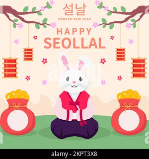flat happy seollal design illustration with rabbit use hanbok clothes Stock Vector
