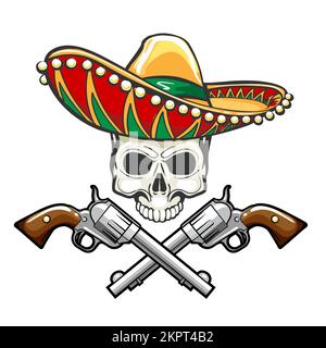Tattoo of Skull in Sombrero and Two Guns isolated on white. Vector illustration. Stock Vector