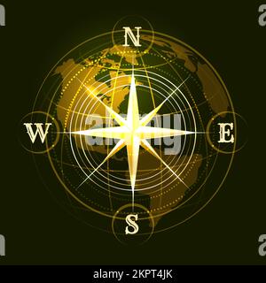 Compass Wind Rose and Globe Navigation Emblem isolated on black. Vector illustration Stock Vector