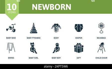 Newborn icon set. Monochrome simple Newborn icon collection. Bike, Baby Pyramid, Body, Diaper, Beanbag, Swing, Girl, Boy, Gift, Child Chair icon Stock Vector