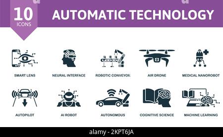 Automatic Technology icon set. Monochrome simple Automatic Technology icon collection. Smart Lens, Neural Interface, Robotic Conveyor, Air Drone Stock Vector