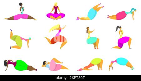 Fitness women icon set. Vector flat style design illustration isolated on white background. Diverse young girls running, doing fitness and yoga exerci Stock Vector