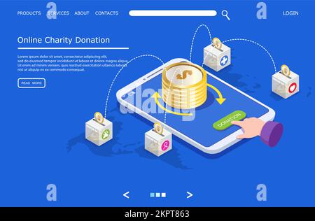 Online charity donation vector website template, web page and landing page design for website and mobile site development. Global giving, donation to Stock Vector