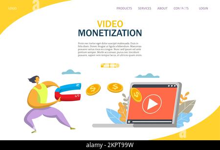 Video monetization vector website landing page design template Stock Vector