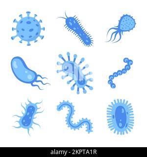 Different bacteria, pathogenic microorganisms, set. Bacteria and germs, microorganisms disease-causing, bacteria, bacteria, viruses, fungi protozoa pr Stock Vector