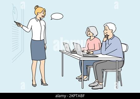 Retraining, additional education for elderly people. Advanced training for senior men, women. Young female teacher gives master class, seminar for pensioners. Vector outline colorful illustration. Stock Vector
