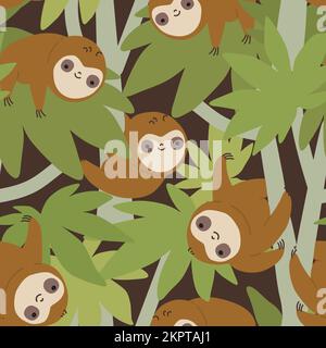 Sloth animals on the trees, seamless pattern. Stock Vector