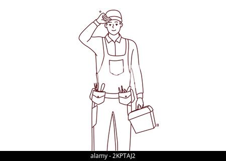 Smiling young maintenance worker in uniform with tools in hands. Happy male repairman or mechanic with box of instruments and equipment. Vector illustration.  Stock Vector