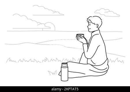 Happy young man sitting in nature drinking tea from thermos. Smiling enjoy warm coffee on hill outdoors. Relaxation concept. Vector illustration.  Stock Vector
