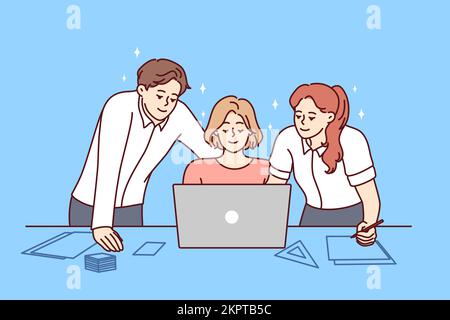 Smiling colleagues look at laptop screen work together on business project in office. Happy businesspeople brainstorm cooperate together on computer. Teamwork. Vector illustration.  Stock Vector