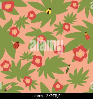 Bright red flowers seamless pattern, Flowers and beetles on green background. Stock Vector