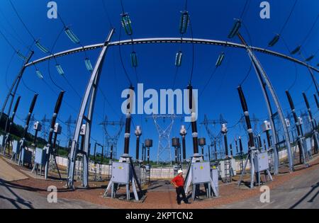 France, Moselle (57), Saint Avold, high-voltage substation of the RTE Electricity Transport Network, circuit breakers at 225 000 volts Stock Photo