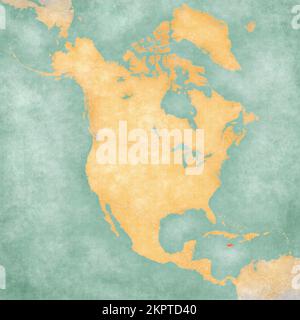 Jamaica on the map of North America in soft grunge and vintage style, like old paper with watercolor painting. Stock Photo